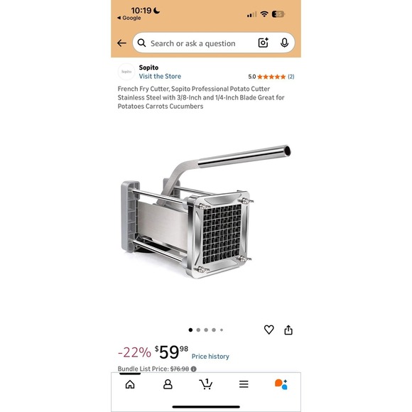 Sopito French Fry Cutter Stainless Steel Potato Slicer w/ 1/2" Blade - Picture 2 of 7